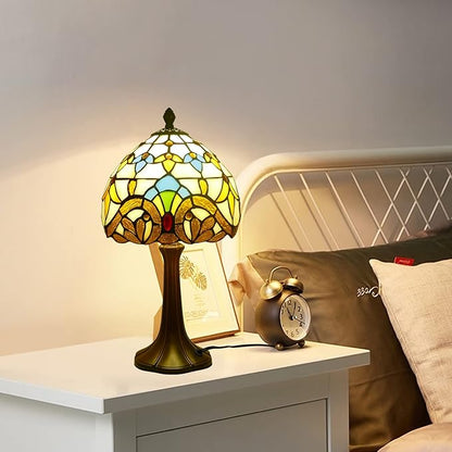 Tiffany Table Lamp Beige Baroque 8 Inch Wide Vintage Bedside Table Lamp Night Light Stained Glass Lamp Antique Art Craft Gifts Alloy Base 15 Inch Tall Vintage Reading Lamp