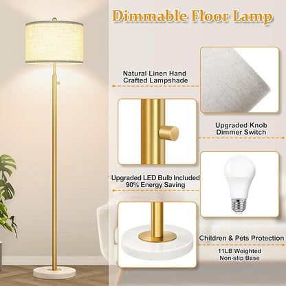 【Upgraded】 Dimmable Floor Lamp for Living Room, 11W LED Bulb Included, Modern Standing Lamp with Marble Base, Tall Pole Light with Linen Shade for Bedroom Reading Office Corner Nursery-Brass Gold