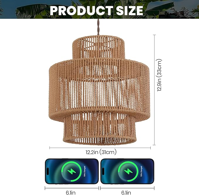 Boho Rattan Lamp Shades for Pendant Light Chandelier Floor Lamps Replacement,Rustic 3-Tier Drum Lamp Shade with Hand-Woven Rattan for Living Room Kitchen Dining Room Office Hotel.
