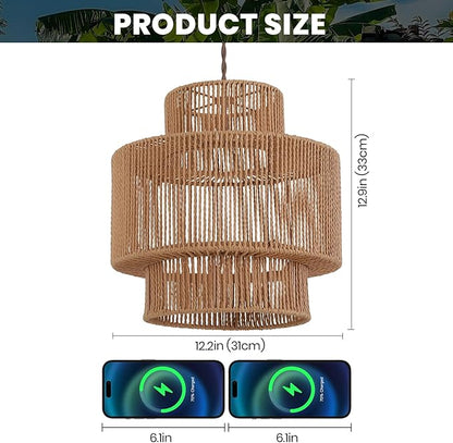 Boho Rattan Lamp Shades for Pendant Light Chandelier Floor Lamps Replacement,Rustic 3-Tier Drum Lamp Shade with Hand-Woven Rattan for Living Room Kitchen Dining Room Office Hotel.
