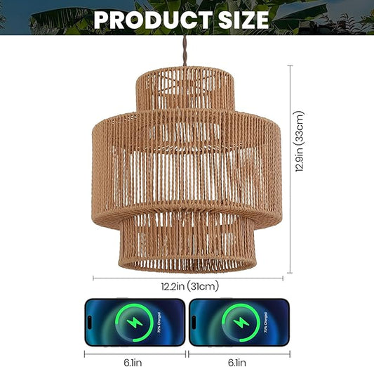 Boho Rattan Lamp Shades for Pendant Light Chandelier Floor Lamps Replacement,Rustic 3-Tier Drum Lamp Shade with Hand-Woven Rattan for Living Room Kitchen Dining Room Office Hotel.
