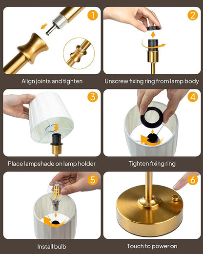 EppieBasic Cordless Table Lamp Rechargeable: Fast Charging & Long Lasting - 2700K Warm Light Vintage Gold Lamps - Dinning Living Room Bedroom - Pleated Shade