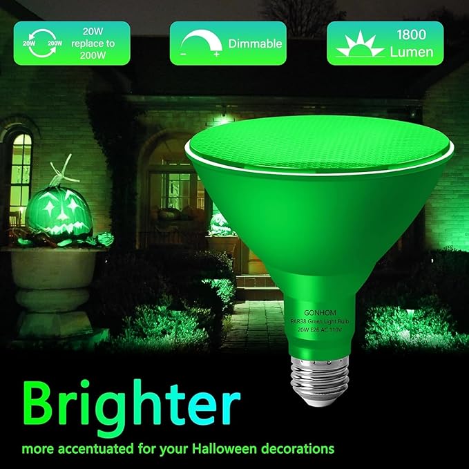 PAR38 Flood Lights Outdoor,Dimmable LED Flood Light Bulbs,20W(Equivalent to 200W),E26 Base,Outdoor Porch,Holiday Lighting,LED Flood Light Bulb for Halloween,Christmas,2 Pack Green