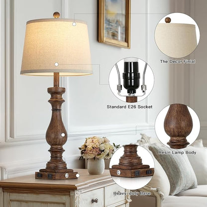 29" Tall Vintage Table Lamps Set of 2,Farmhouse Bedside Lamps with USB C+A Ports & AC Outlet,3-Way Dimmable Touch Lamp for Night Stands Living Room Bedroom,Brown