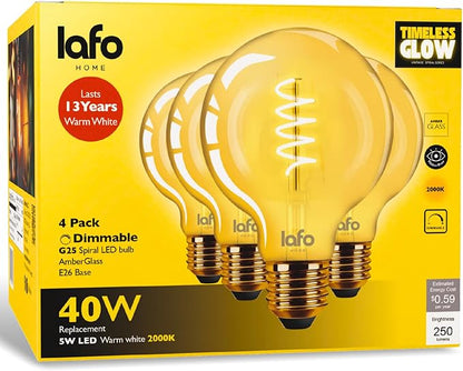 TimelessGlow 4 Pack Dimmable G25 LED Filament Bulb 5W 40W Equivalent Warm Amber 2000K E26 Base CRI80 Amber Glass Spiral Filament ETL FCC Certified Flicker Free Decorative Lighting