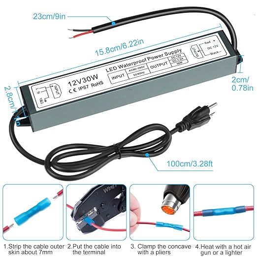 inShareplus 12V 30W Power Supply,LED Driver AC 90-265V to DC 12 Volt 2.5A IP67 Waterproof, Low Voltage Transformer, Outdoor Driver with 3-Prong Plug 3.3 Feet Cable for LED Light, Outdoor Use