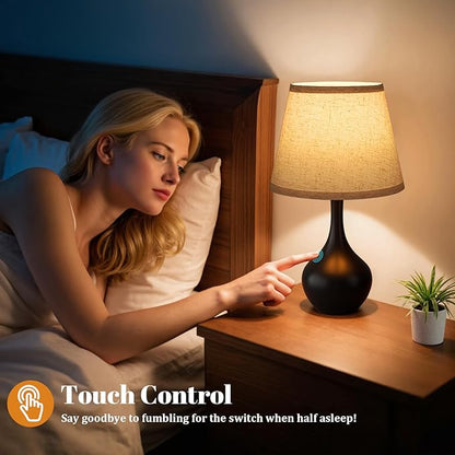 Seealle Touch Table Lamps for Nightstand Set of 2, 3-Way Dimmable Small Bedroom Lamps for Night Stands, Black Bedside Lamps for Living Room, Kids Room, End Table(LED Bulbs Included)