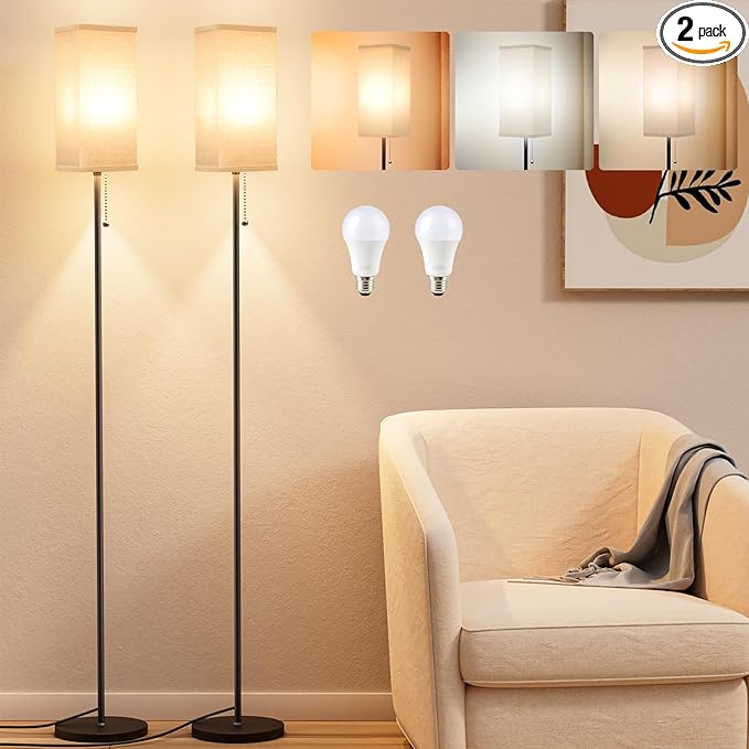 Floor Lamps for Living Room Bedroom - 3 Color Temperature Black Floor Lamp Set of 2, Modern Standing Lamps with Pull Chain Switch Beige Shade, Tall Lamp for Corner Office(2 Pack)