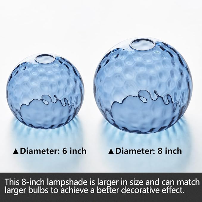 Fixture Replacement Globe Shade with 1.65 Inch Fitter, 8 Inch Diameter, E26 Base 1-5/8 Inch Fitter, Glass Lampshade Cover for Pendant Wall Sconce Chandelier Vanity Light (Hammered Blue)