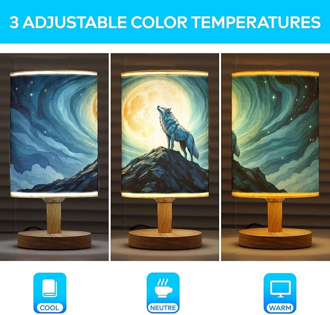 Wolf Table Lamp LED 3-Color Pressed Bedside, Wolf Shade Lamp with Wood Base for Bedroom Living Room Desk Office TL01