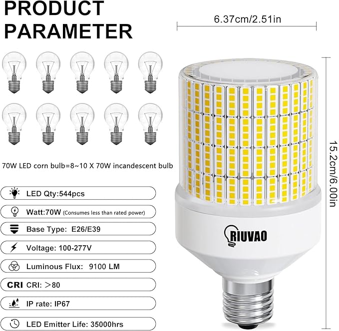 70W LED Corn Light Bulb, 700W Equivalent 9100LM, 5000K Daylight, Waterproof & 90% Energy Saving, E26/E39 Base Outdoor Light Bulbs for Garage, Factory, Shop (2-Pack)