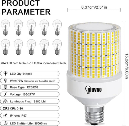 70W LED Corn Light Bulb, 700W Equivalent 9100LM, 5000K Daylight, Waterproof & 90% Energy Saving, E26/E39 Base Outdoor Light Bulbs for Garage, Factory, Shop (2-Pack)