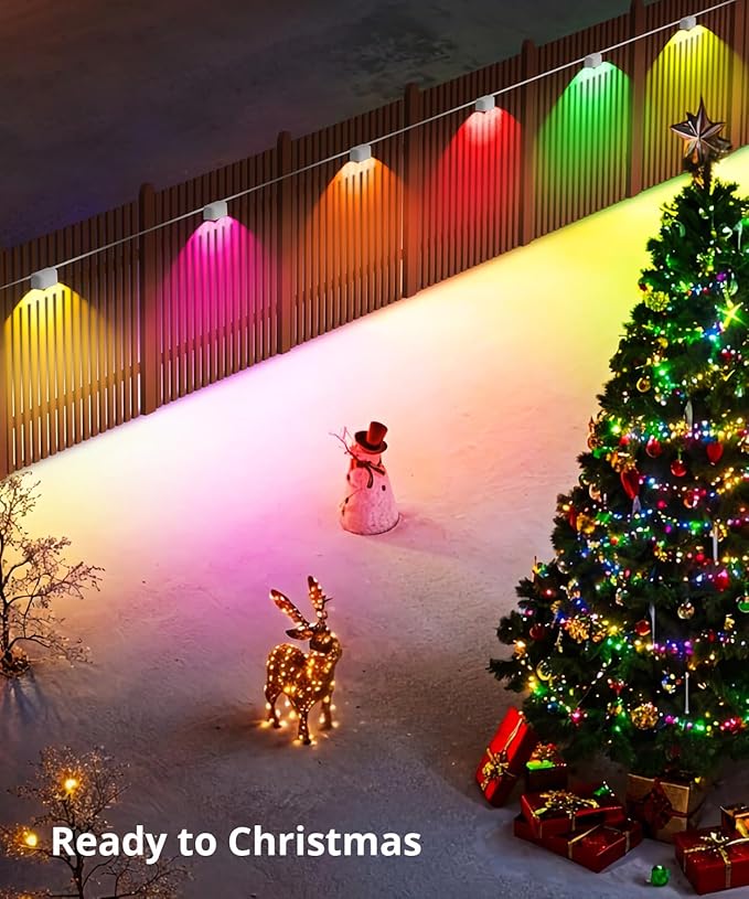 Outdoor Deck Lights 16 Packs, Smart RGBCW Fence Light, 100+ Scene Modes, Dual Lens LED String Lights with APP/Voice/Remote Control, IP65 Waterproof for Halloween Christmas Decor, 105ft White