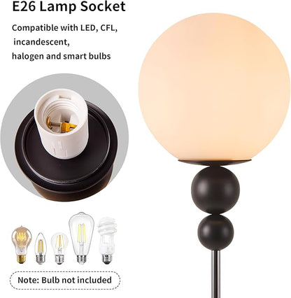 Modern Glass Floor Lamp for Bedroom, 63'' Vintage Mid-Century Floor Lamp with Milky White Frosted Glass Globe Shade for Living Room Corner, Slim Standing Reading Lamp for Office Decor (Black)
