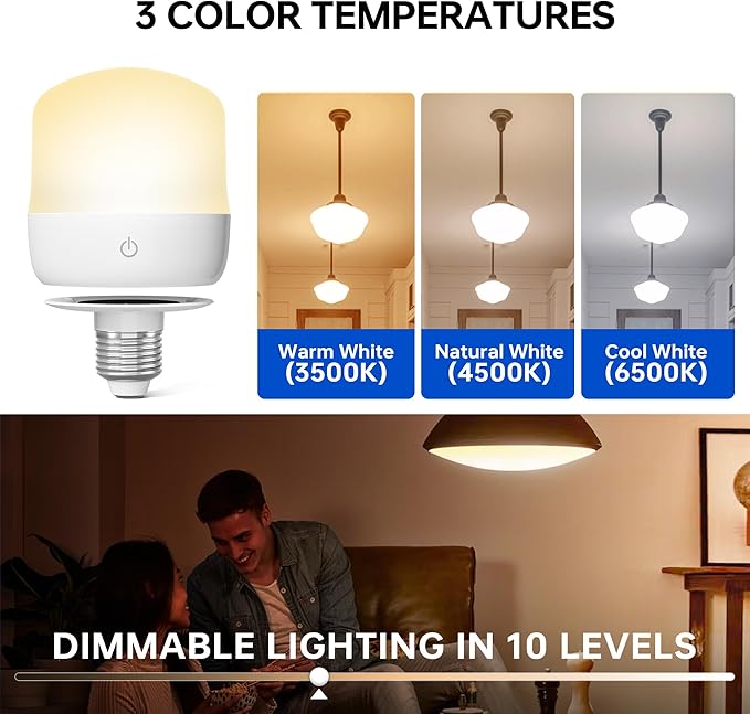 Rechargeable Battery Operated Light Bulb: E26 Wireless LED Night Bulb with Remote Control and Timer for Lamp, 4000mAh 400LM Dimmable Magnetic USB Puck Lights, 3 Color Temperatures+12 RGB Colors, 2pcs