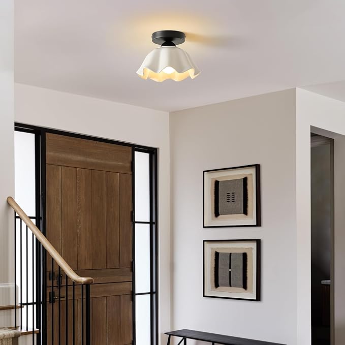 2 Pack Semi Flush Mount Ceiling Light - Flower Glaze Ceramic, Black Vintage Hallway Light Fixtures, White Globe Ceiling Lights, Mid Century Small Light Fixture for Cottage Entryway Laundry Room Foyer