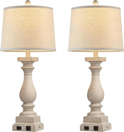 28" Tall Farmhouse Table Lamps with USB C+A Ports and AC Outlet, 3 Way Touch Control Rustic Bedside Lamps for Bedroom, Beige Vintage Nightstand Lamps for Living Room Office