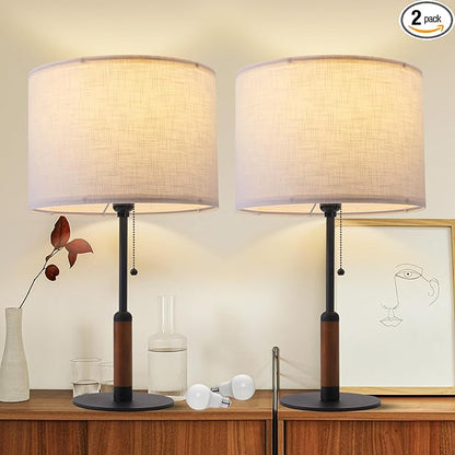 21" Set of 2 Modern Table Lamp Bedside Lamps for Bedroom Living Room Nightstand Lamp for End Tables 3-Color Pull Chain Wood Fabric for Home Office Desk Decor (Off White+Sand Black)