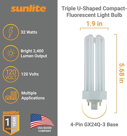 Sunlite CFL Plug-in PLT 4-Pin Triple Tube Light, 32 Watts, 4-Pin GX24q3 Base, 2400 Lumens, 6500K Daylight, 10 Pack