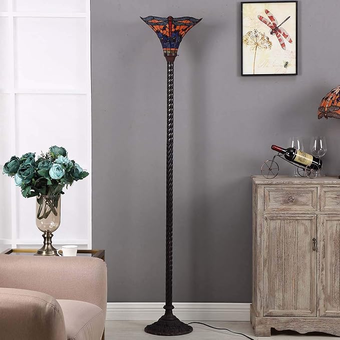 Bieye L10710 Dragonfly Tiffany Style Stained Glass Torchiere Floor Lamp with 13 Inch Wide Handmade Lampshade Metal Base for Dark Corner Living Room Bedroom, Orange Blue, 70 inch Tall