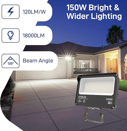 HYPERLITE LED Flood Light 150W 2 Pack 18000LM 5000K Daylight IP65 Waterproof Outdoor Floodlights UL Certified for Court,Garden,Warehouse