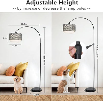 Boho Floor Lamps for Living Room, Arc Floor Lamp for bedroom with Remote and Dimmable Bulb, Over Couch Standing Lamp, Farmhouse Tall Lamp with 3 Color Temperatures, Height Adjustable Corner Floor Lamp