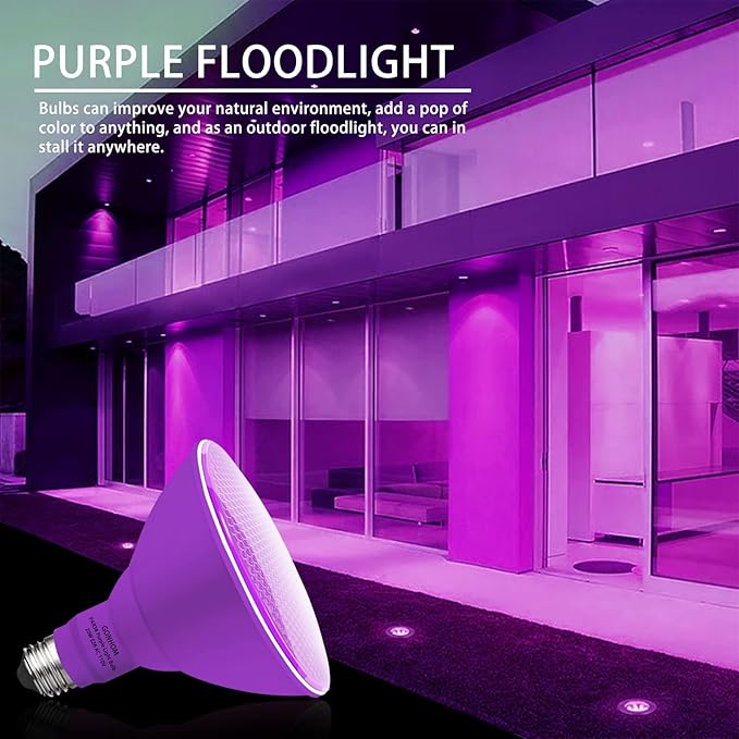 PAR38 Flood Lights Outdoor,Dimmable LED Flood Light Bulbs,20W(Equivalent to 200W),E26 Base,Outdoor Porch,Holiday Lighting,LED Flood Light Bulb for Halloween,Christmas,2 Pack Purple