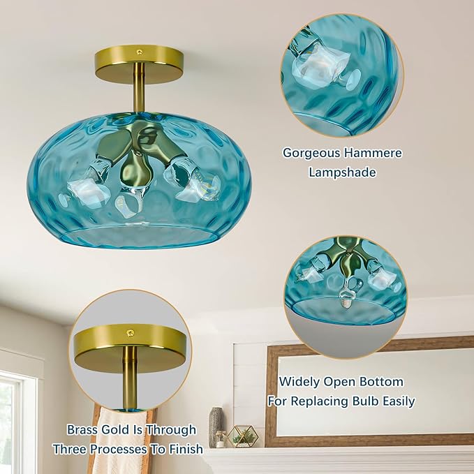 Blue Glass Semi Flush Mount Ceiling Light - 12 Inch Hammered Glass Hallway Light fixtures Ceiling, Vintage Gold Flush Mount Ceiling Light,Mid Century Light Fixture for Bedroom Entryway Kitchen
