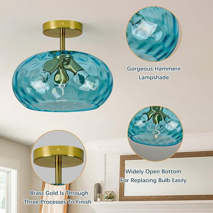 Blue Glass Semi Flush Mount Ceiling Light - 12 Inch Hammered Glass Hallway Light fixtures Ceiling, Vintage Gold Flush Mount Ceiling Light,Mid Century Light Fixture for Bedroom Entryway Kitchen