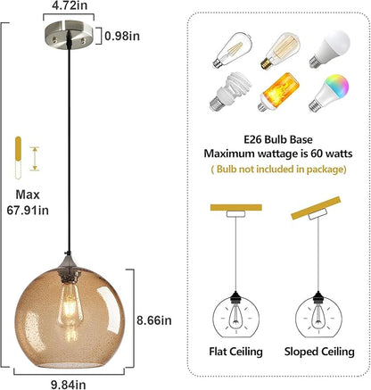 Light Brown Glass Pendant Lights Kitchen Island Globe Pendant Light Fixtures Modern Pendant Lighting for Bedroom Living Dining Room Light Fixture (9.84 in, 2 Pack)