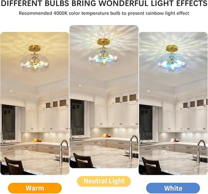 Vintage Glass Flush Mount Ceiling Light - 12 Inch Rainbow Hammered Glass Hallway Light fixtures Ceiling, Gold Semi Flush Mount Ceiling Light,Mid Century Light Fixture for Bedroom Entryway Kitchen