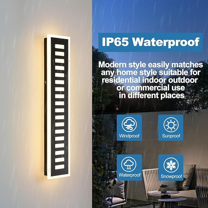 Modern Outdoor Wall Light,24W LED 3000K Black Exterior Lighting Fixture,23.6in Waterproof Acrylic Porch Sconce for Patio,Garage,Courtyard