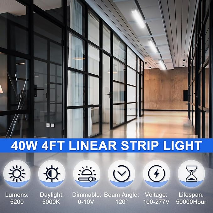 40W LED Linear Strip Lights, 4FT LED Shop Light, 5200LM 5000K 0-10V Dimmable Commercial Indoor Shop Ceiling Lights Fixture for Workshop, Garage, Office, AC100-277V DLC & ETL Listed (4 Pack)