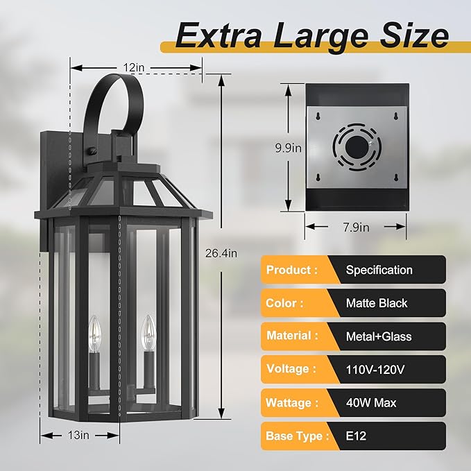 Large Outdoor Wall Lantern 2-Light, 26.3 Inch Waterproof Exterior Wall Sconce Light Fixtures, Glass Porch Lights for Front Door, Patio, and House Garage, Black