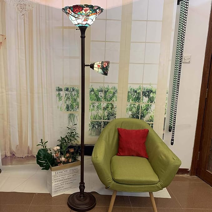 Bieye L10739 Rose Flower Tiffany Style Stained Glass Torchiere Floor Lamp with Sidelights for Reading Home Decor, 70-inch Tall