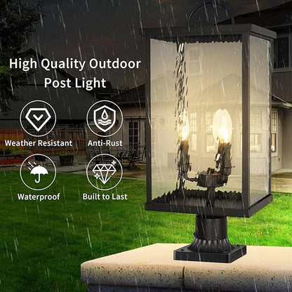 23" Large Outdoor Post Light Fixture, Modern Black Pole Lantern with Water Ripple Glass, Farmhouse Post Cap Lamp with E12 Sockets for Garden, Pathway, Courtyard, Porch, Driveway, Street