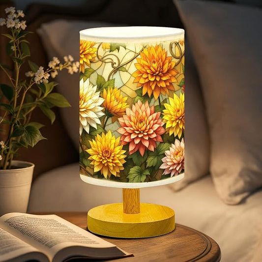 Chrysanthemum Table Lamp LED 3-Color Pressed Bedside, Chrysanthemum Shade Lamp with Wood Base for Bedroom Living Room Desk Office