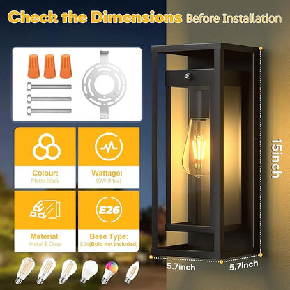 Dusk to Dawn Outdoor Wall Light 2Pack-15in Waterproof Large Porch Sconce Wall Mounted Modern Exterior Lighting Fixture E26 Black Lantern for Outside House Garage Entryway