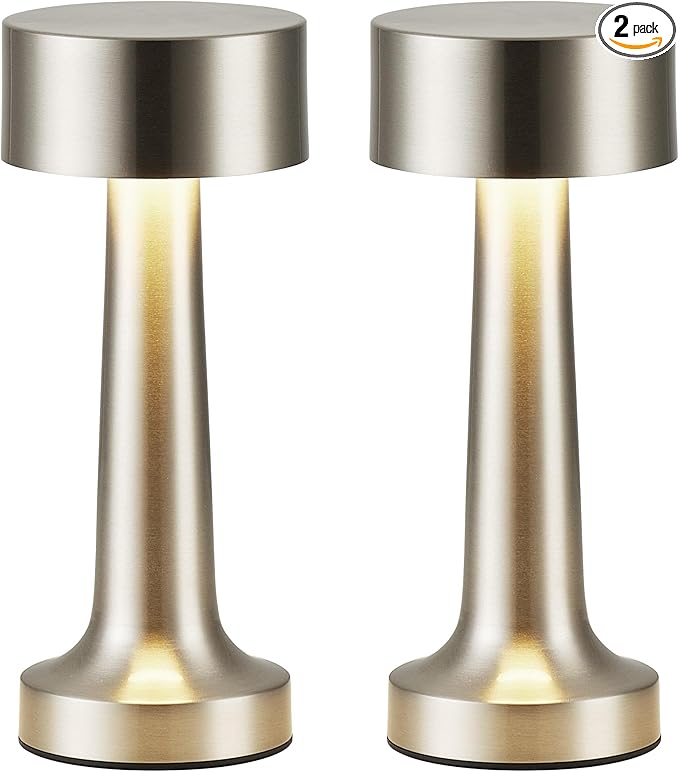 PUSU Cordless LED Nickel Small Table Lamps Set of 2, Portable Rechargeable 4000mAh Battery Operated Desk Lamp, 3 Color Stepless Dimming for Kids, Restaurant, Bedside, Outdoor, Bar, Night Light, Gift