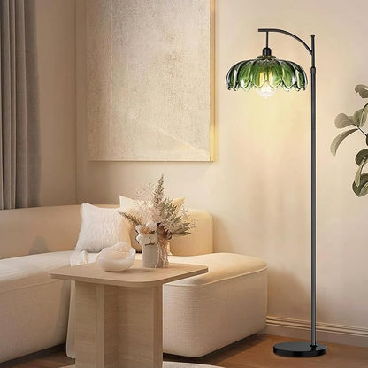 Glass Floor Lamp for Living Room,Bedroom,Gold Dimmable Standing Lamp with Remote,Mid Century Modern Brass Tall Lamp Boho Vintage Retro Floor Lamps Arc Green Flower Floor Light Lamp Bohemian