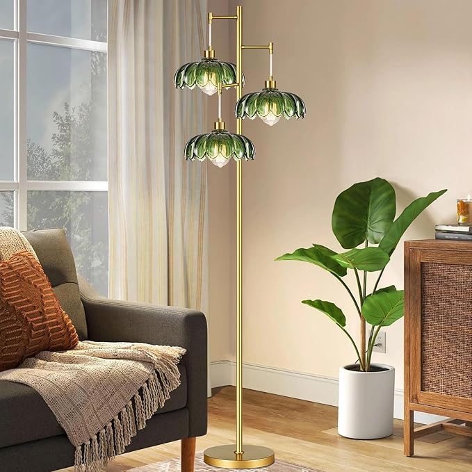 Glass Floor Lamp for Living Room,Bedroom,Mid Century Modern Standing Lamp Brass Tree 3 Light Tall Floor Lamps Vintage Retro Floor Lights Gold Green Flower Lamp Shade Farmhouse Boho Bohemian