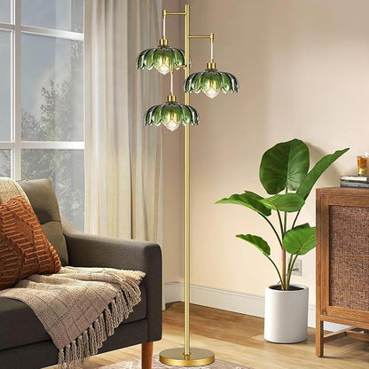 Glass Floor Lamp for Living Room,Bedroom,Mid Century Modern Standing Lamp Brass Tree 3 Light Tall Floor Lamps Vintage Retro Floor Lights Gold Green Flower Lamp Shade Farmhouse Boho Bohemian