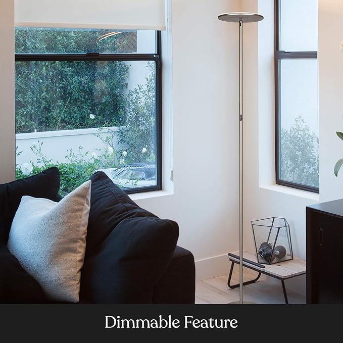 Brightech Sky Flux Dimmable LED Floor Lamp – Super Bright Floor Lamp with 3 Light Modes for Living Room, Office – Torchiere Standing Touch-Lamp, Tall Torch Lamp for Bedroom & Reading - Nickel