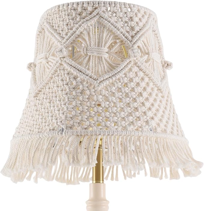 Boho woven Lamp shade Medium White Ivory Lampshade 7.5``Top x 12``Bottom x 11``High(Spider) Handmade Lamp shade for Table Lamp & Bedside Lamp - Replacement Tassel Lampshade