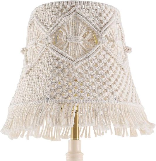 Boho woven Lamp shade Medium White Ivory Lampshade 7.5``Top x 12``Bottom x 11``High(Spider) Handmade Lamp shade for Table Lamp & Bedside Lamp - Replacement Tassel Lampshade