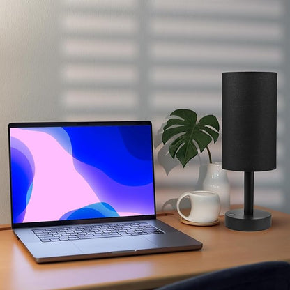 Small Table Lamp Nightstand Lamp Linen Lampshade Bedroom Wood Base Small Bedside Lamp for Night Stands, Desk Lamps for Reading Living Room, Office (LED Bulb Included) (Black and Cordless)