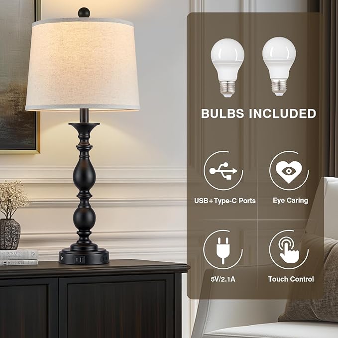 28" Black Modern Table Lamps Set of 2 with USB C+A Ports and AC Outlet, 3 Way Touch Control Tall Bedside Lamps for Bedroom, Metal Farmhouse Nightstand Lamps for Living Room