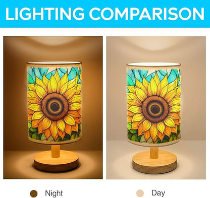 Sunflower Table Lamp LED 3-Color Pressed Bedside, Sunflower Shade Lamp with Wood Base for Bedroom Living Room Desk Office TL01