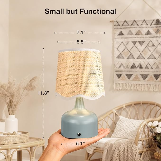 Cordless Boho Table Lamp Blue, Wicker Shade, 5200-mAh Rechargeable Battery, 3-Way Dimmable, Build-in Integrated LED 320 Lumen Max, for Bedside Living Room