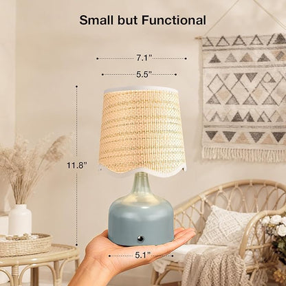 Cordless Boho Table Lamp Blue, Wicker Shade, 5200-mAh Rechargeable Battery, 3-Way Dimmable, Build-in Integrated LED 320 Lumen Max, for Bedside Living Room